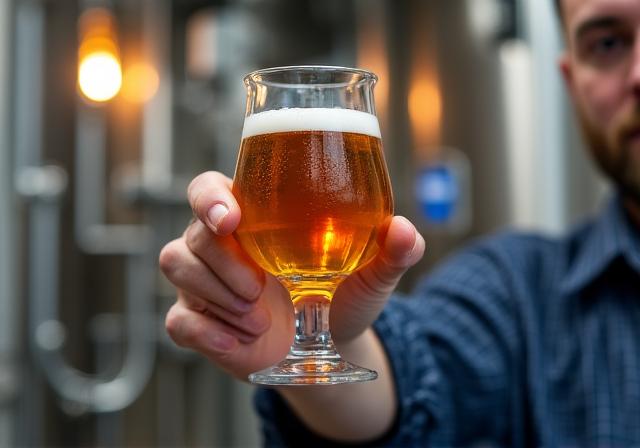 Bierbrouwer inspecteert de kleur van een lokaal gebrouwen speciaalbier