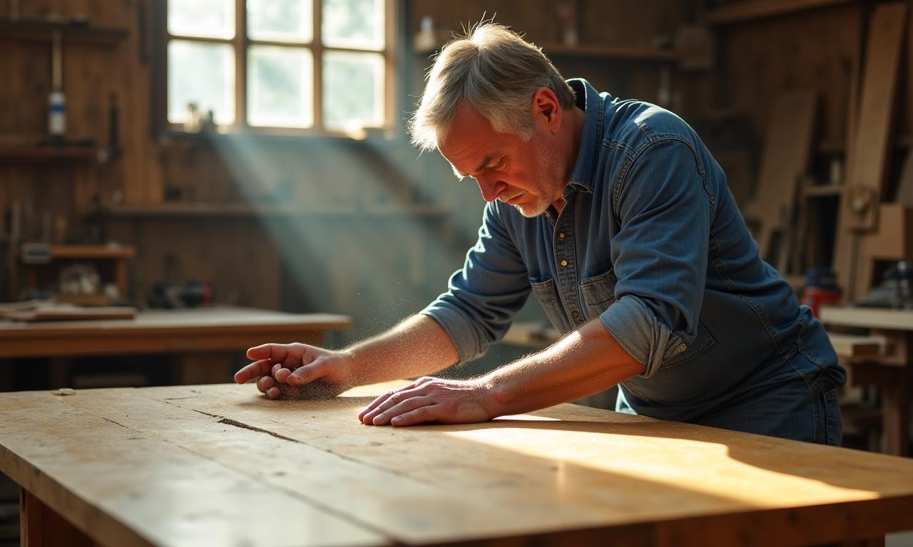 Een lokale meubelmaker geconcentreerd aan het werk in zijn zonovergoten werkplaats